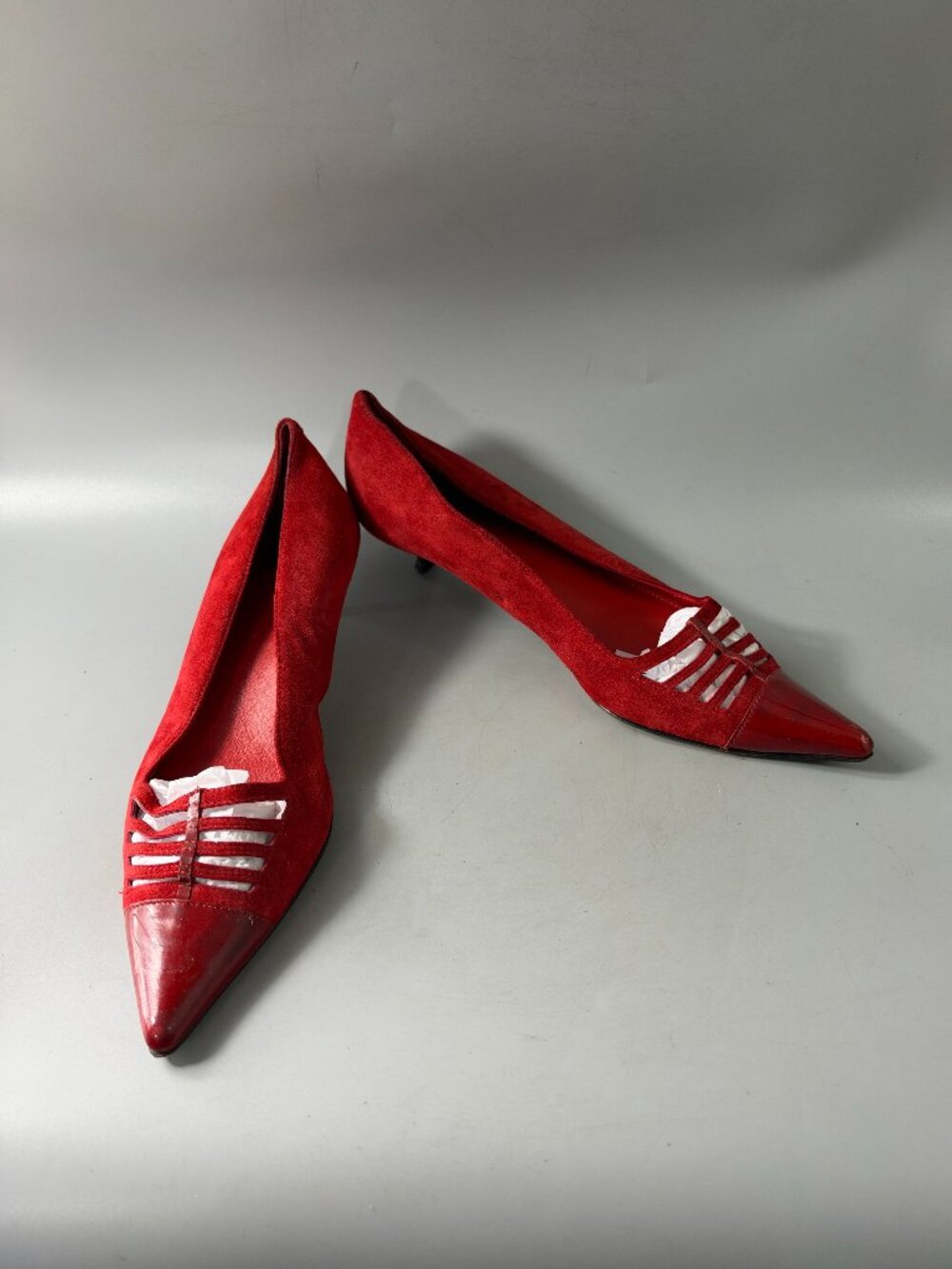 Authentic Vintage Coach Red Suede & Pattern Leather Colorblock Pumps, Size 9B